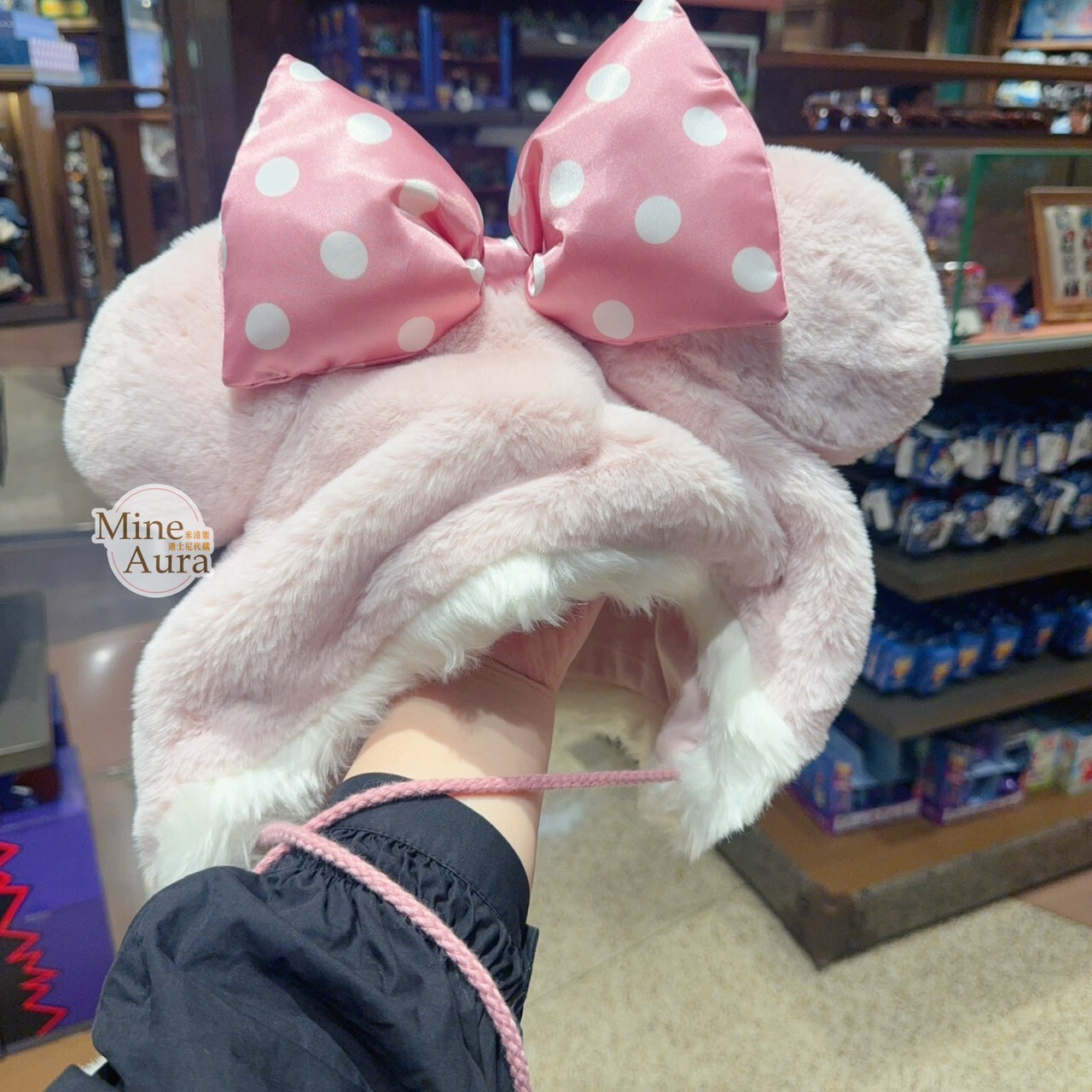 米妮 Minnie 粉色 立體耳朵 蝴蝶結 造型 保暖 帽 帽子 -上海迪士尼樂園