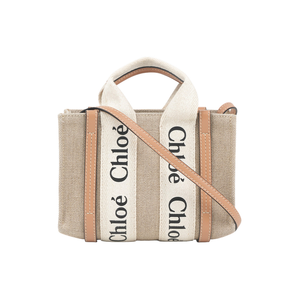 【Chloé】Woody 帆布拼牛皮手提/斜背二用托特包(迷你)(奶茶棕)