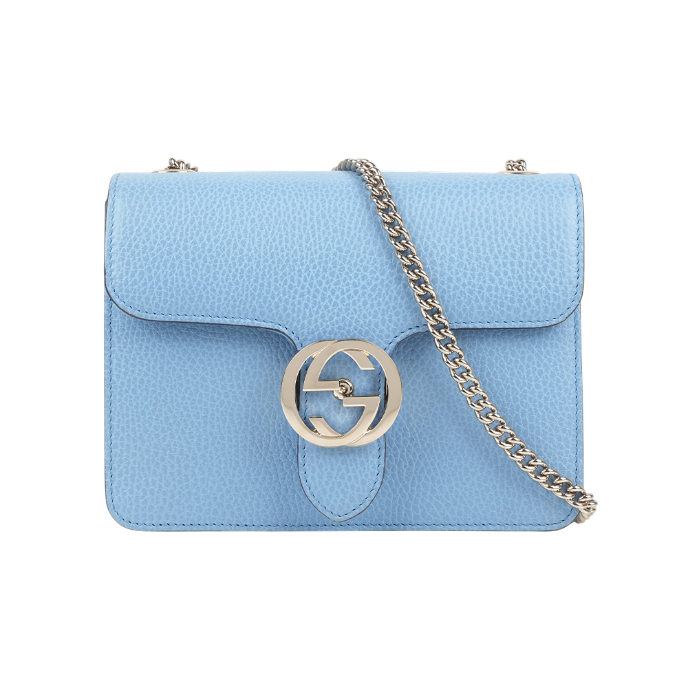 【GUCCI】金屬雙G Logo荔枝皮革方形斜背包(天藍色)