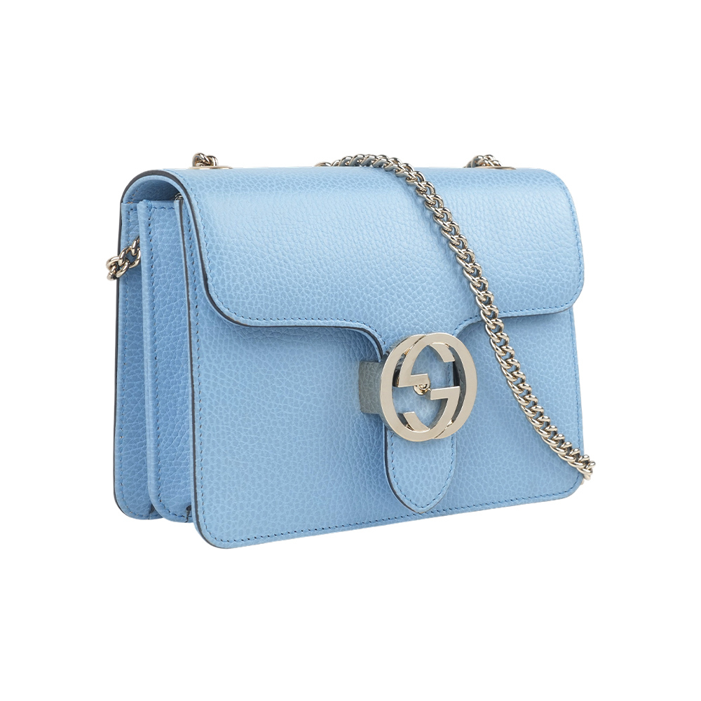 【GUCCI】金屬雙G Logo荔枝皮革方形斜背包(天藍色)