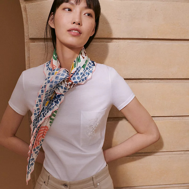 HERMES Twilly au Bloc pleated scarf 90 Bleu / Rose / Vert