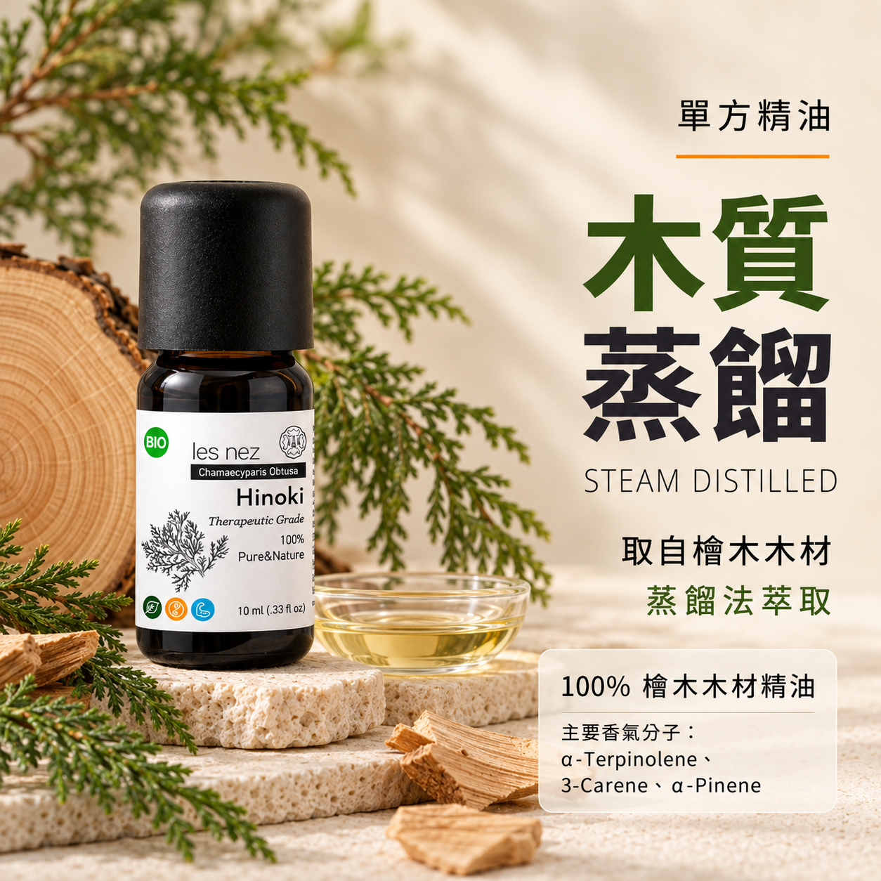 Les nez 檜木精油採用蒸餾法萃取檜木木材,INCI成分為Chamaecyparis Obtusa Wood Oil,主要香氣分子包含α-Terpinolene、3-Carene及α-Pinene。