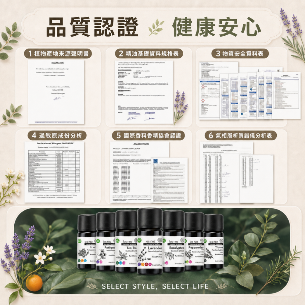 Les nez 香鼻子單方精油品質資料介紹,展示植物產地來源聲明、精油規格表、物質安全資料表、過敏原分析及氣相層析質譜分析等品質文件類型