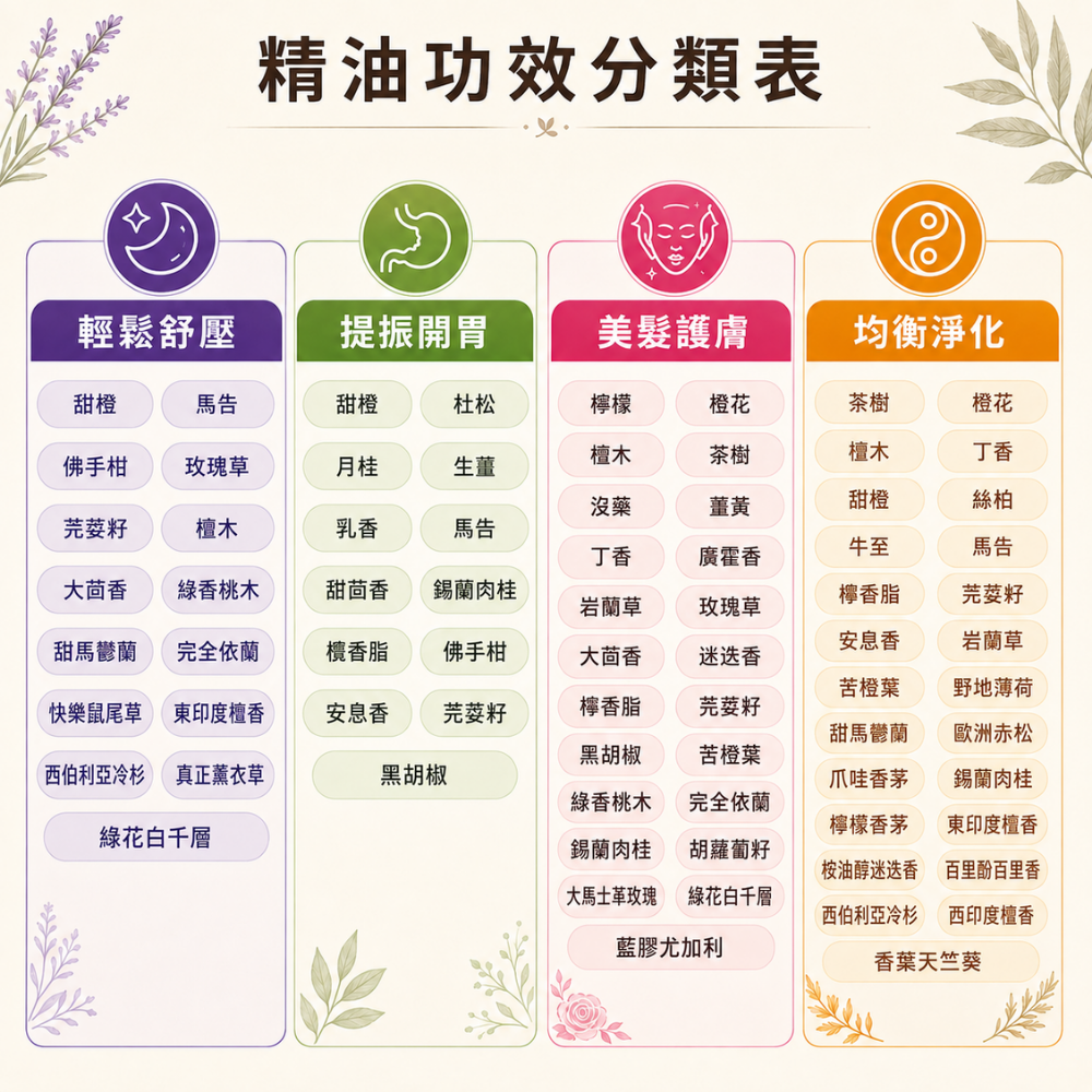 Les nez 單方精油分類參考表,整理輕鬆舒壓、提振開胃、美髮護膚及均衡淨化四類精油,包括甜橙、檜木、茶樹與薰衣草等品項。