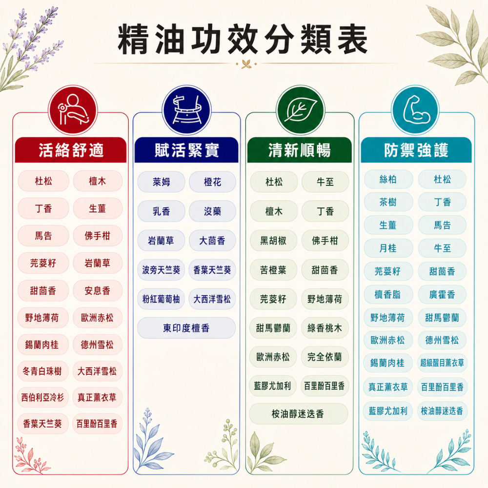Les nez 單方精油分類參考表,展示活絡舒適、賦活緊實、清新順暢及防禦強護四種分類,涵蓋檜木、杜松、尤加利、茶樹與薄荷等精油。