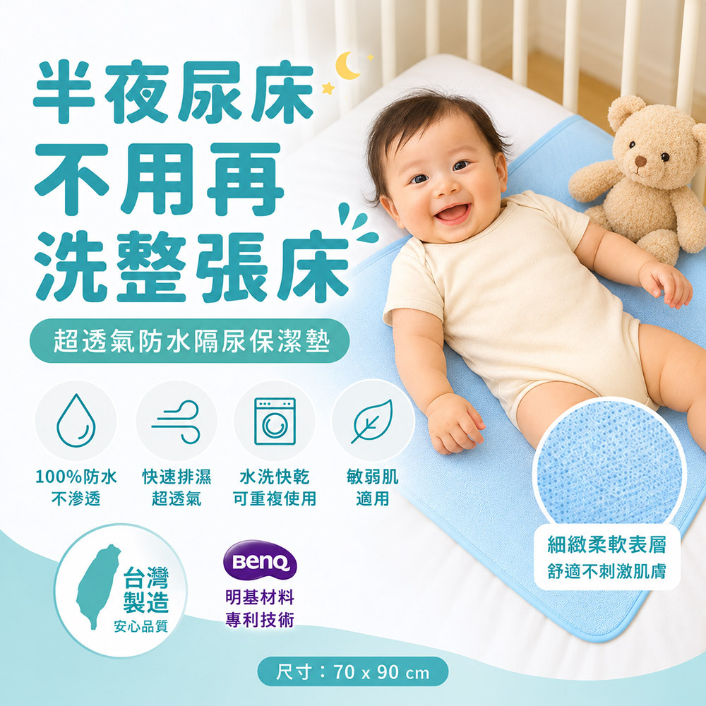 台灣製寶寶防水保潔墊(免運) 70x90cm｜BenQ明基材料・透氣快乾・尿布墊/床墊保護墊