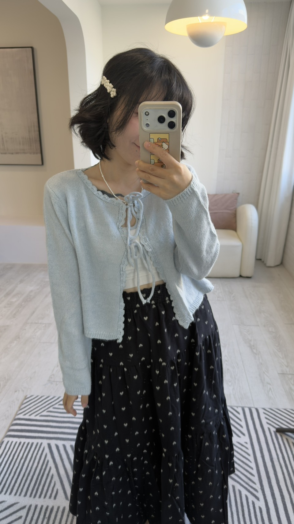Patterned belted knit cardigan
