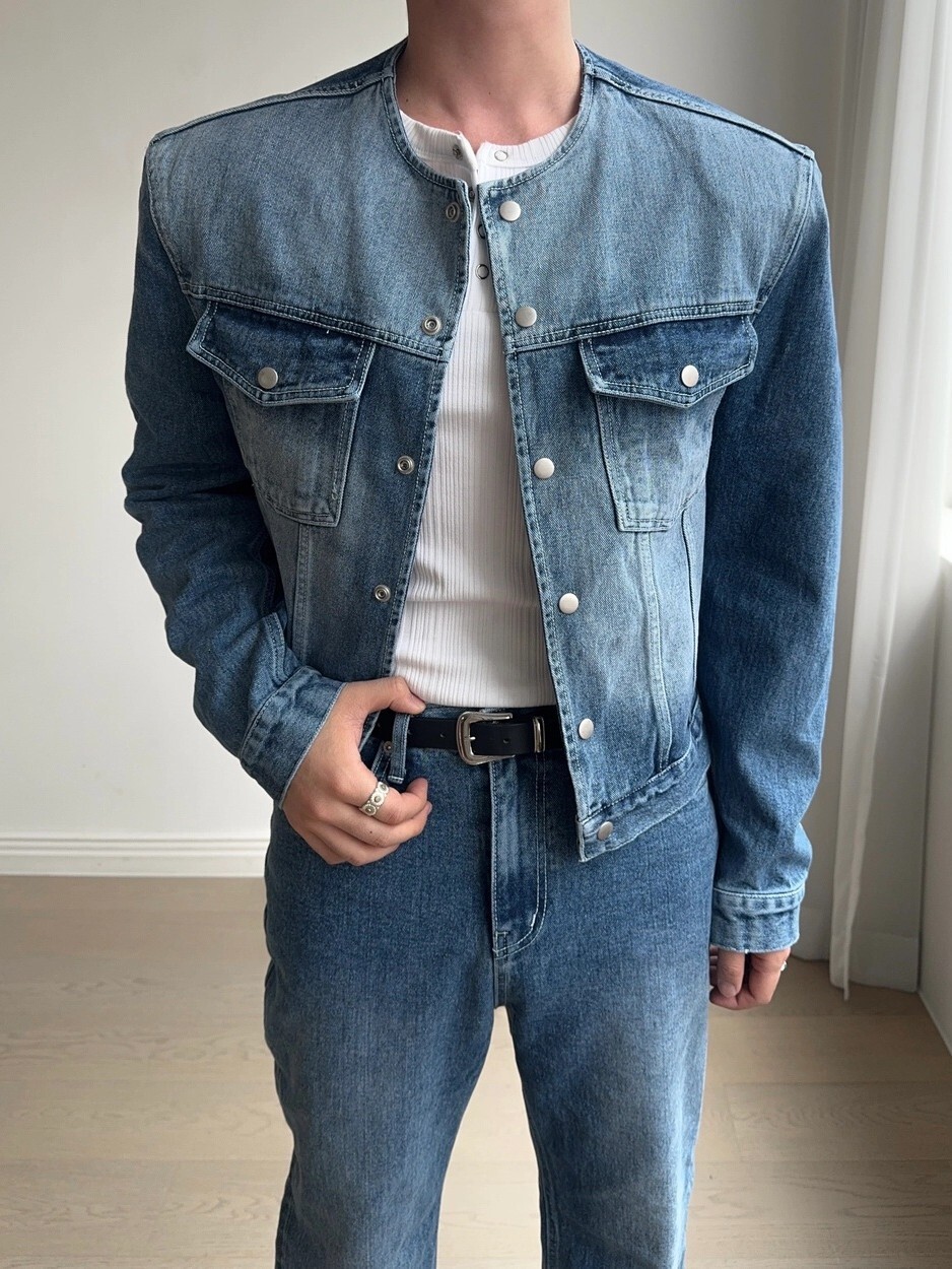 Berche Cropped Denim Jacket (Strapless & Collarless)
