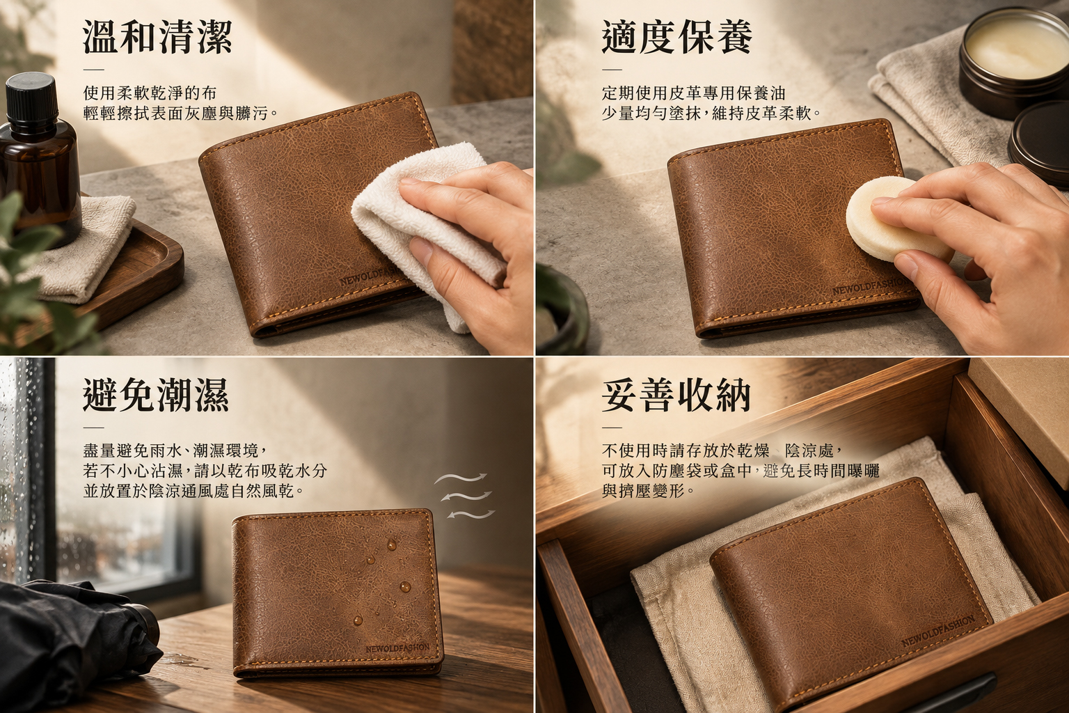 真皮皮夾養護四格示意:溫和清潔、適度保養、避免潮濕與妥善收納