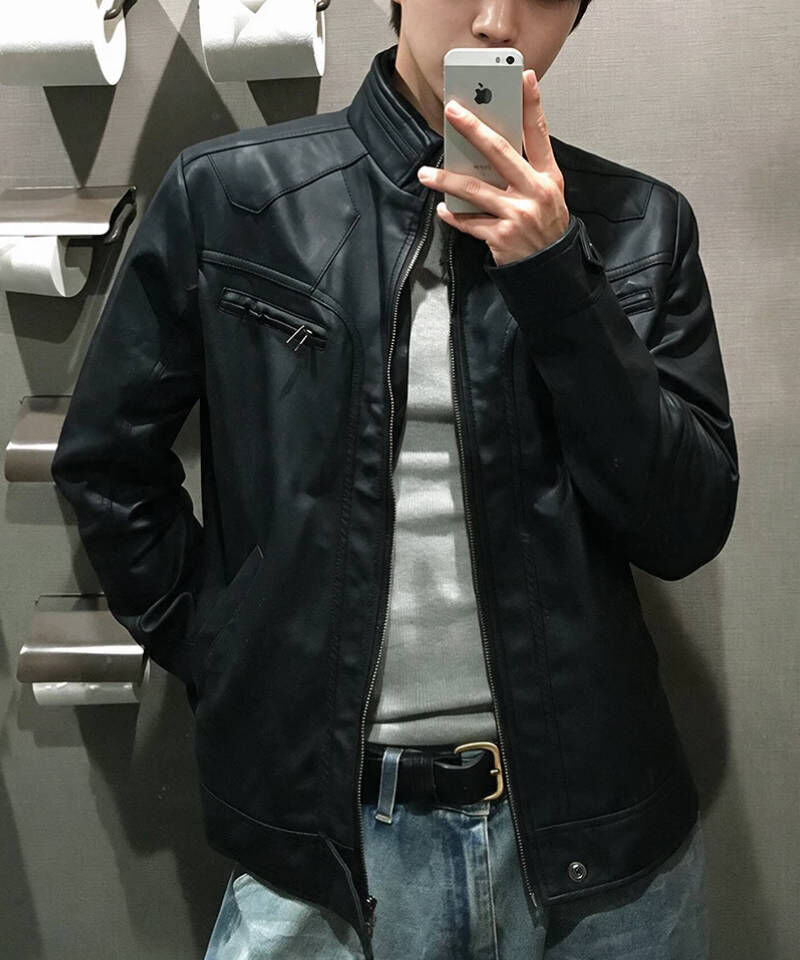 韓男復古風短機車立領皮衣外套