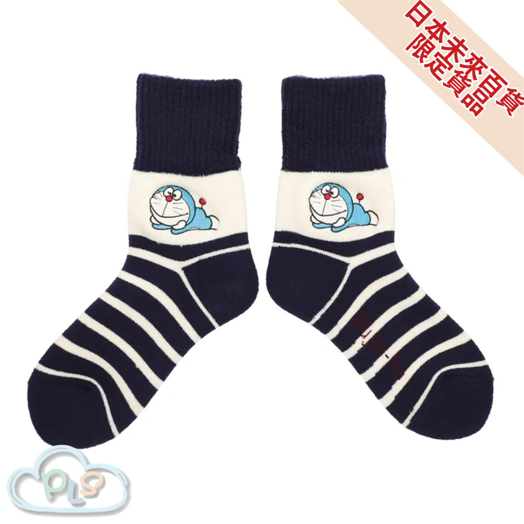 抓絨內襯襪，躺臥款 海軍藍色 多啦A夢 未來百貨限定  #40225-1
