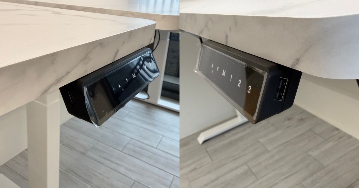 升降桌 LED 高度記憶控制面板特寫,安裝於右側桌緣