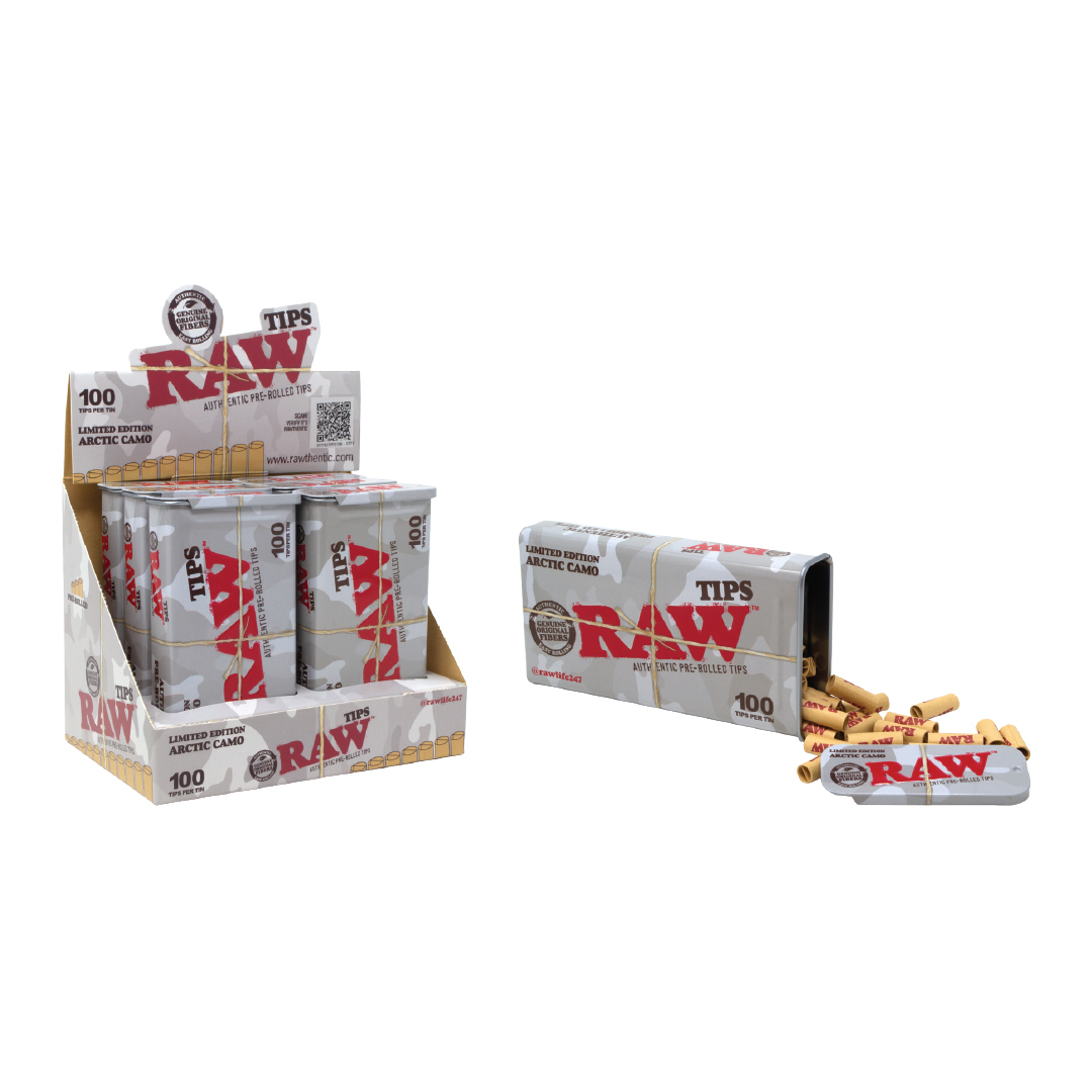RAW PRE-ROLLED TIPS TIN ARCTIC CAMO (LIMITED EDITION)