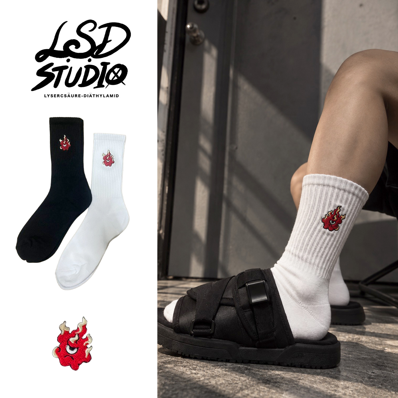 Grumpy Fire Spirit | Japanese-Style Embroidered Half-Terry Crew Socks【SCSXU20】
