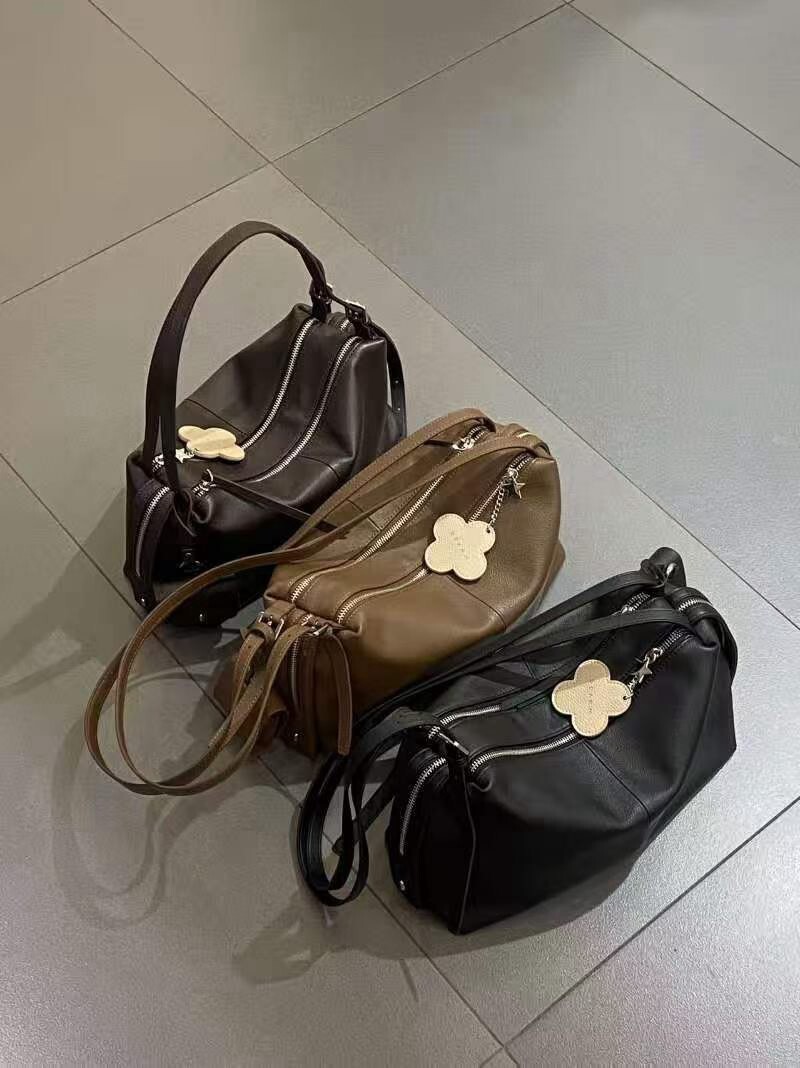 雙拉鍊真皮肩背包