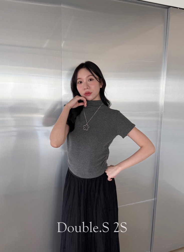 側抓皺小立領條紋棉tee*2色