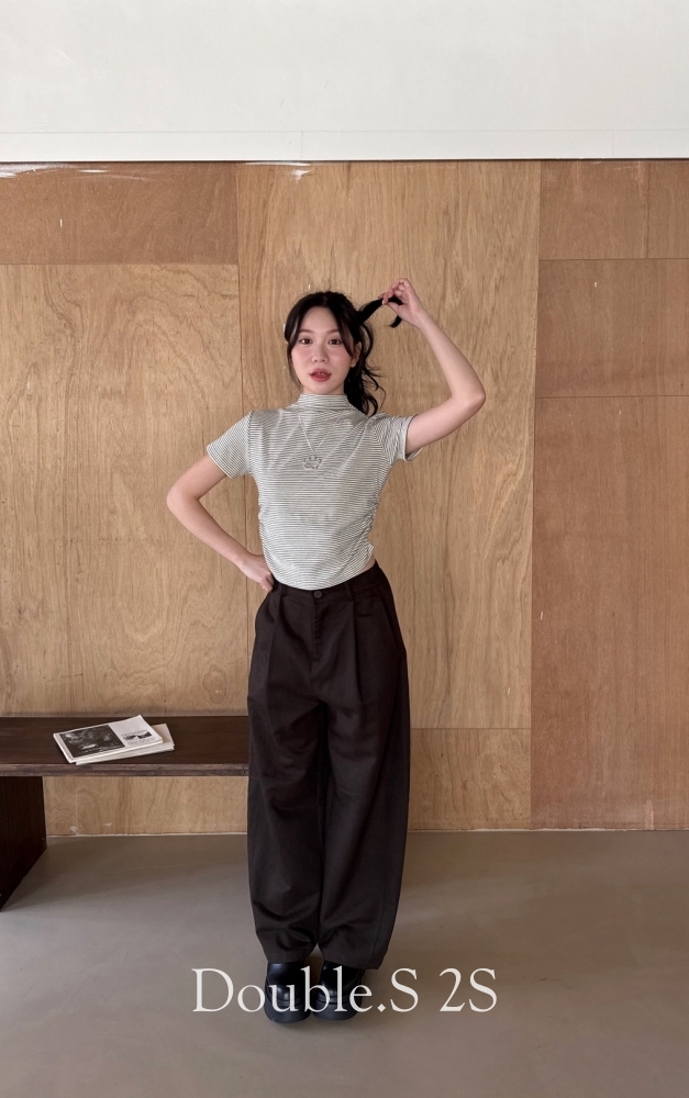 側抓皺小立領條紋棉tee*2色