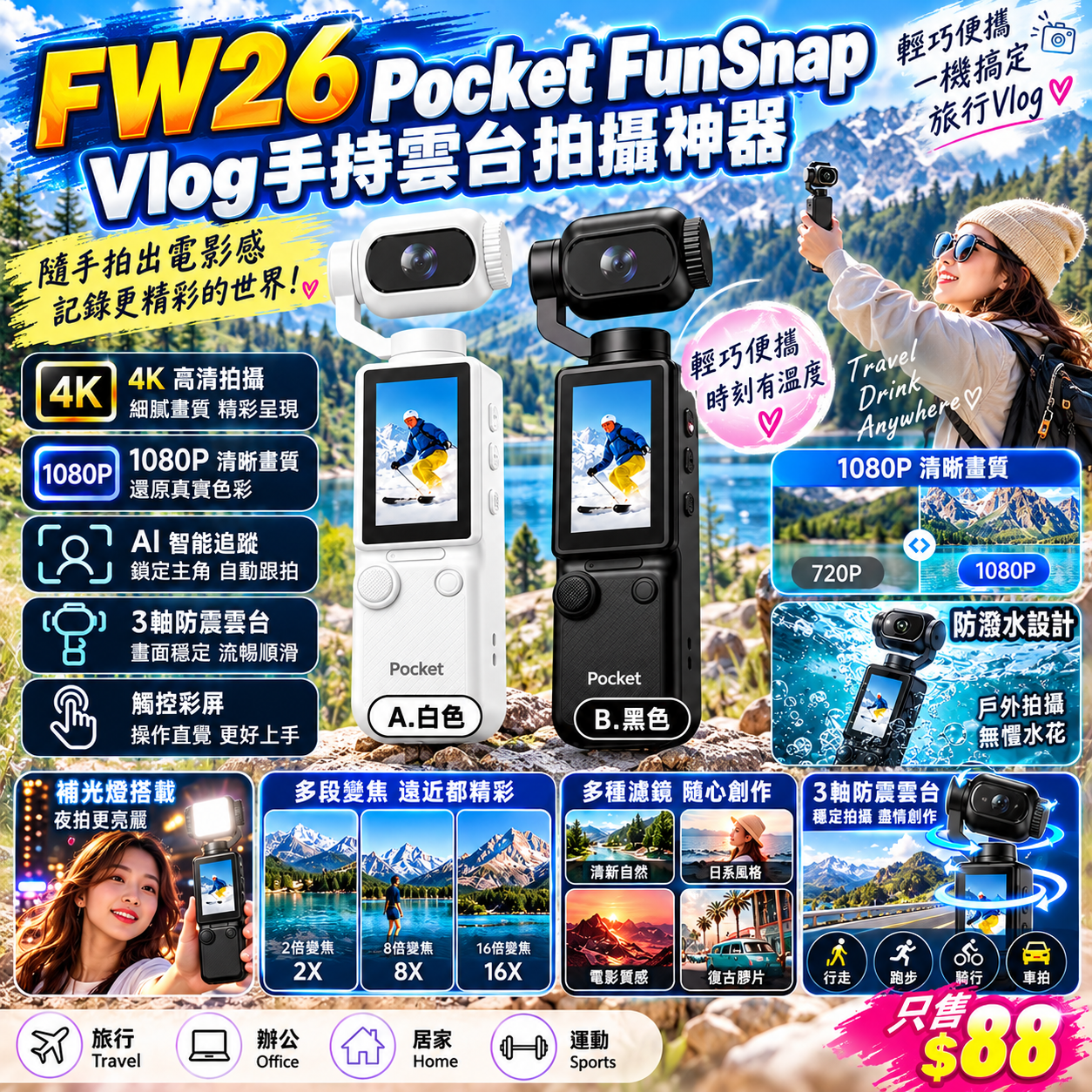 【UB10358】FW26 Pocket FunSnap Vlog手持雲台拍攝神器