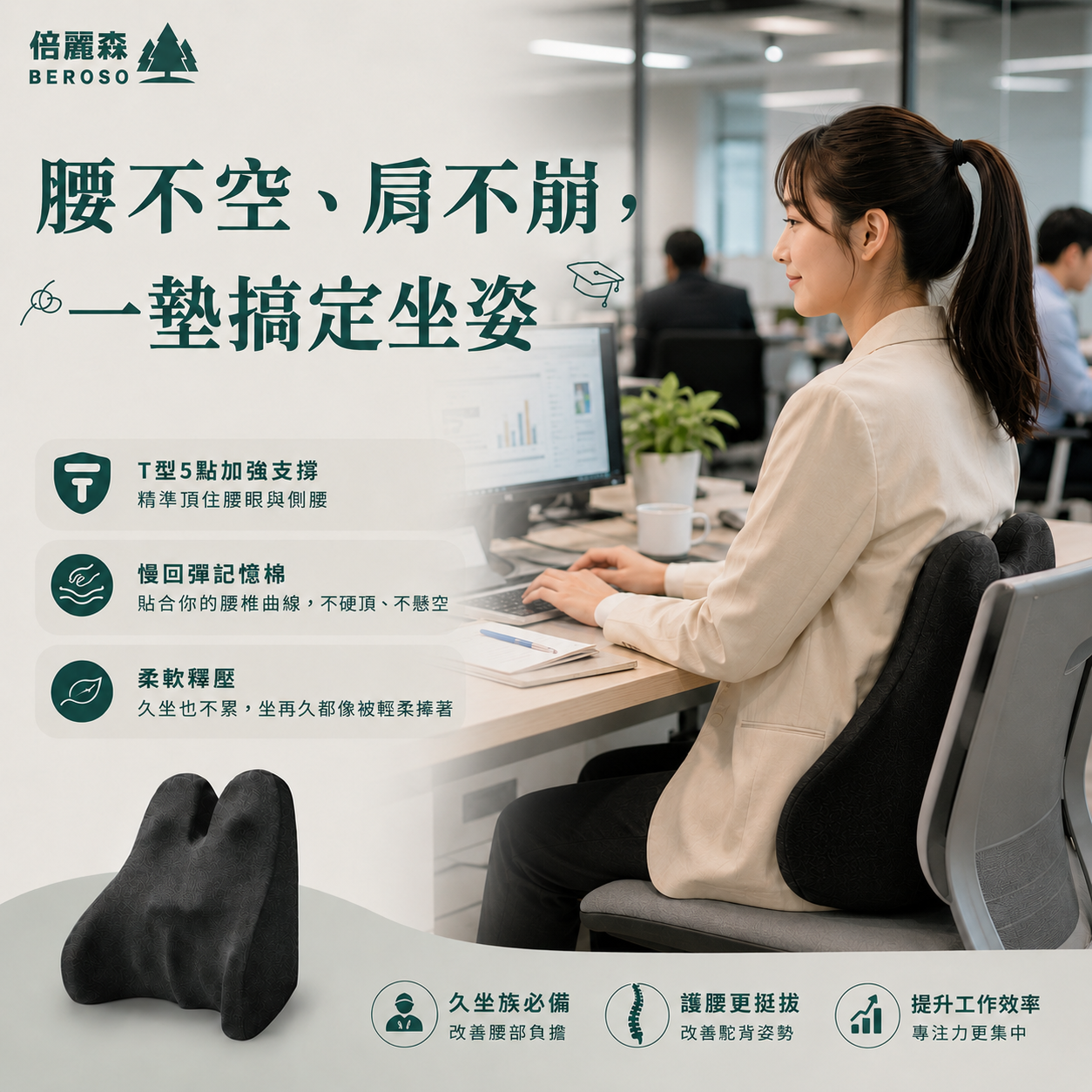 【Beroso 倍麗森】5D加強支撐美姿護脊靠背墊 單入/兩入組 B00039