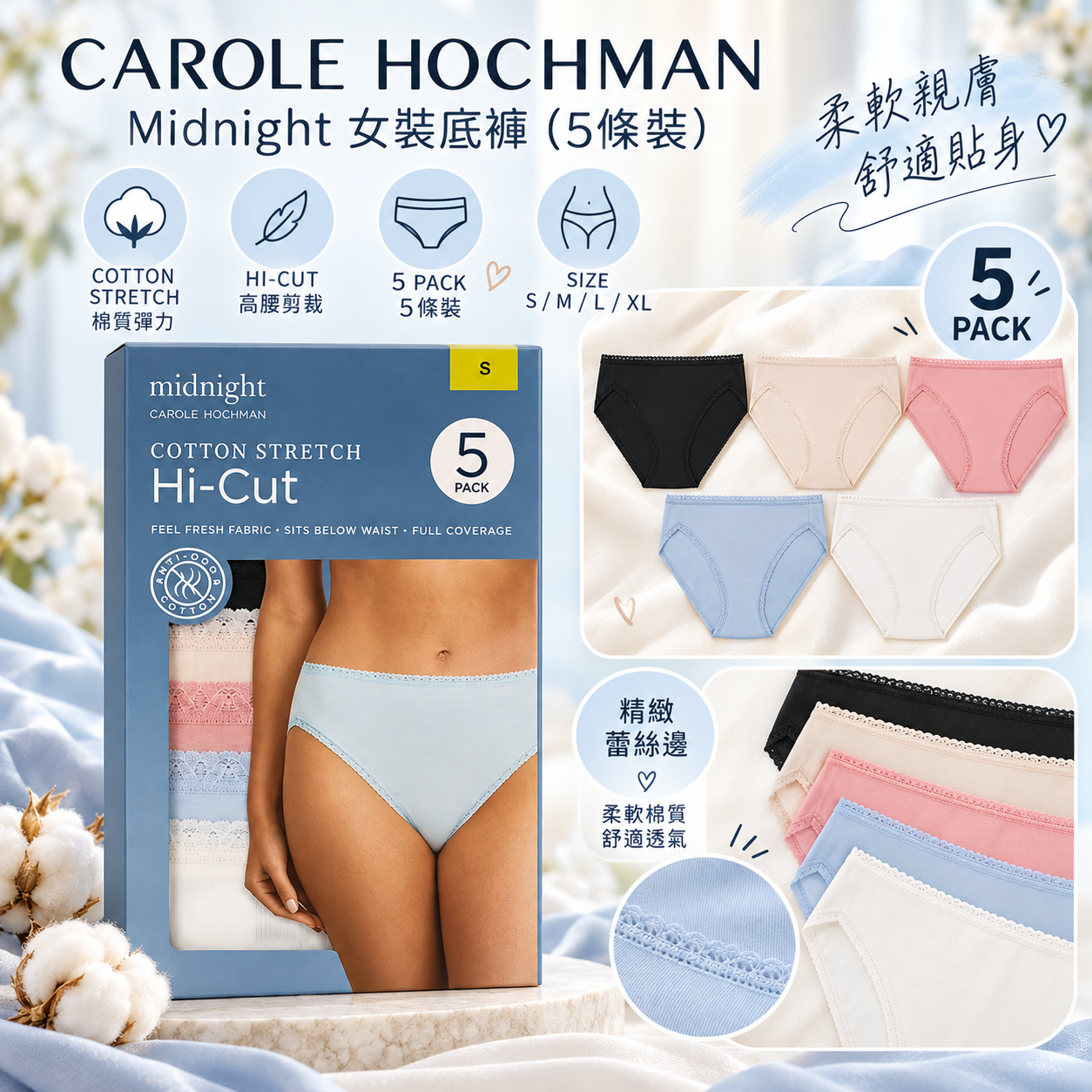 【預購】CAROLE HOCHMAN N101301 Midnight 女裝底褲 (5條裝)