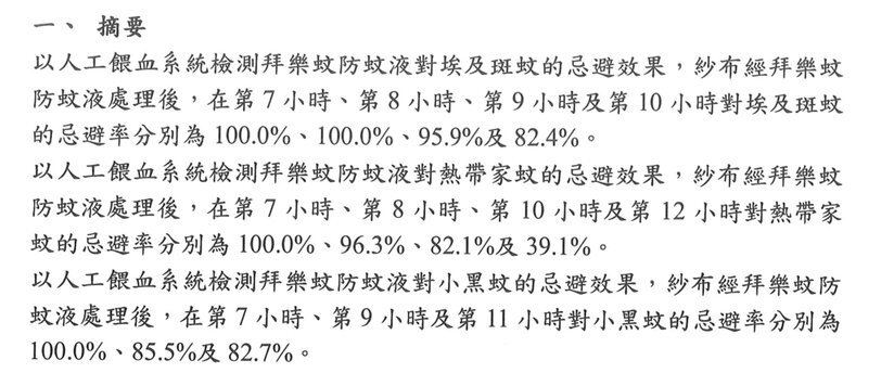 派卡瑞丁極效防護防蚊液藥效檢測報告摘要節錄（嘉南藥理大學生物科技系，2021 年）