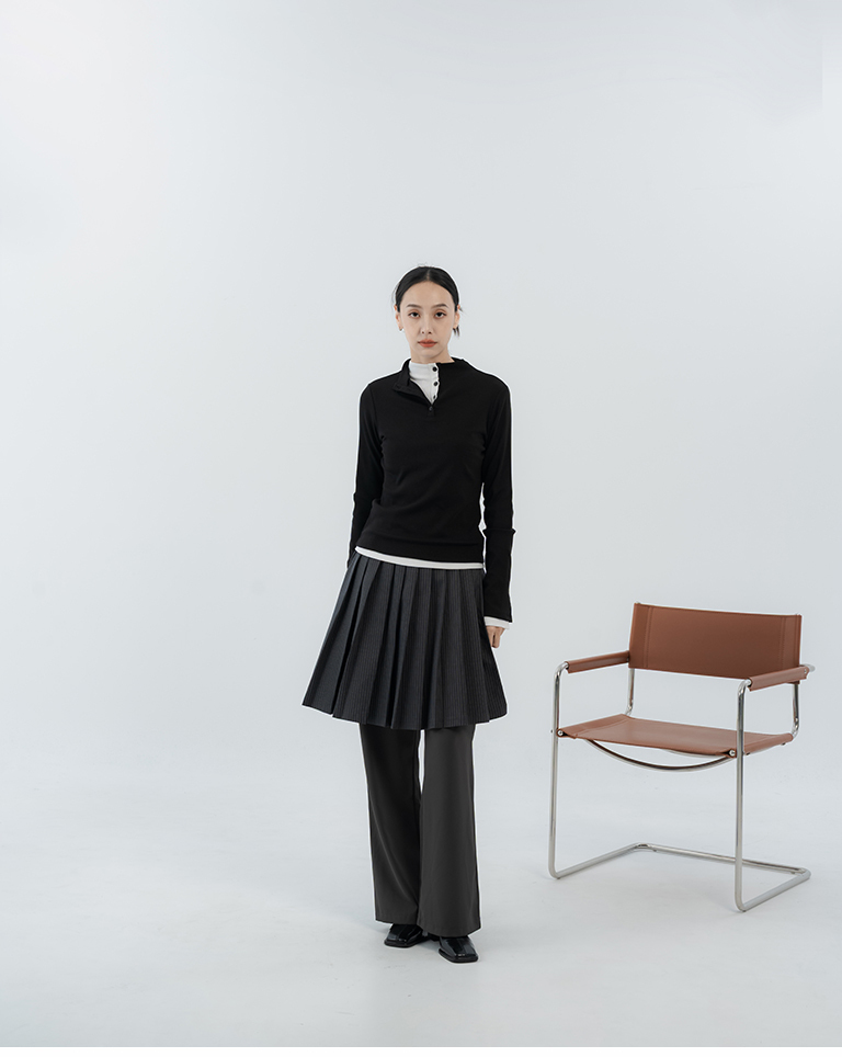 Striped metal-buttoned pleated midi skirt S/M/L【03030277】in stock+pre-order