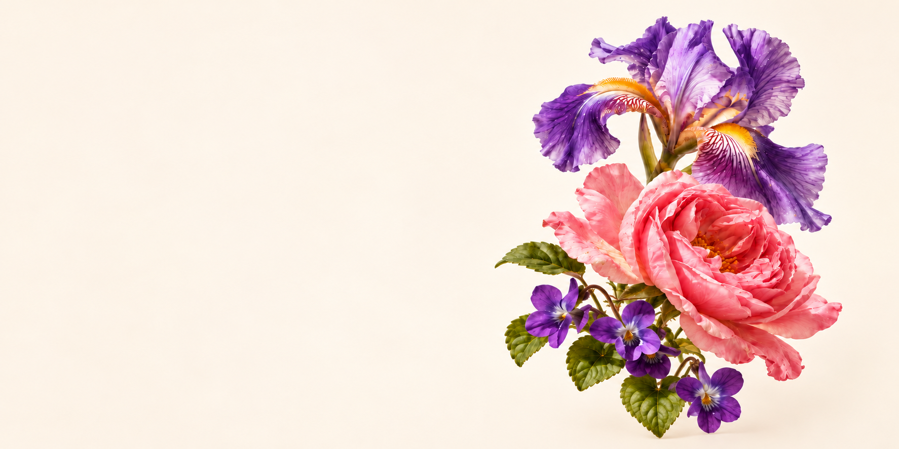紫色鳶尾花、粉色玫瑰與紫羅蘭花，交織古典玫瑰的花香意象
