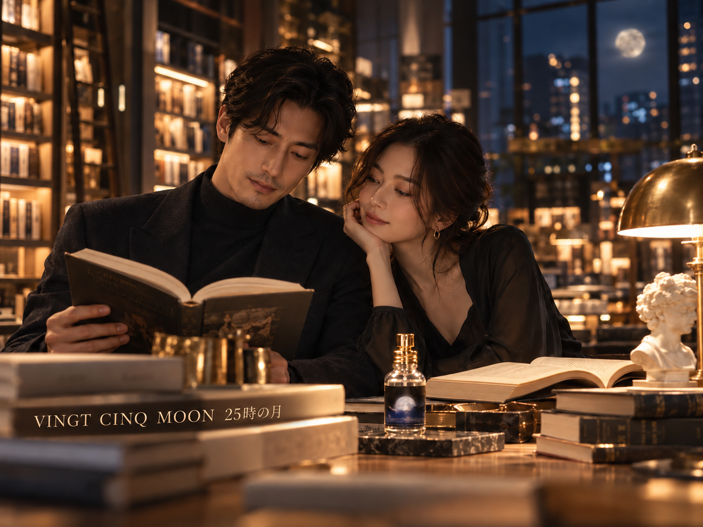 VINGT CINQ MOON 25時の月日本淡香水,年輕夫妻深夜在書店依偎閱讀,展現煙燻木質香氣的沉穩、神祕與浪漫。