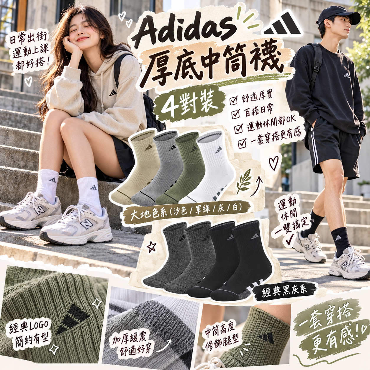 【預購】JM101305 Adidas 厚底中筒襪 (4對裝 )