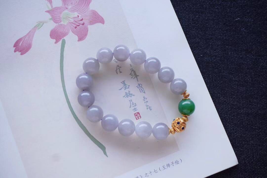 和田玉稀有冰底煙紫圓珠手串 (12mm直徑),天然和田玉軟玉