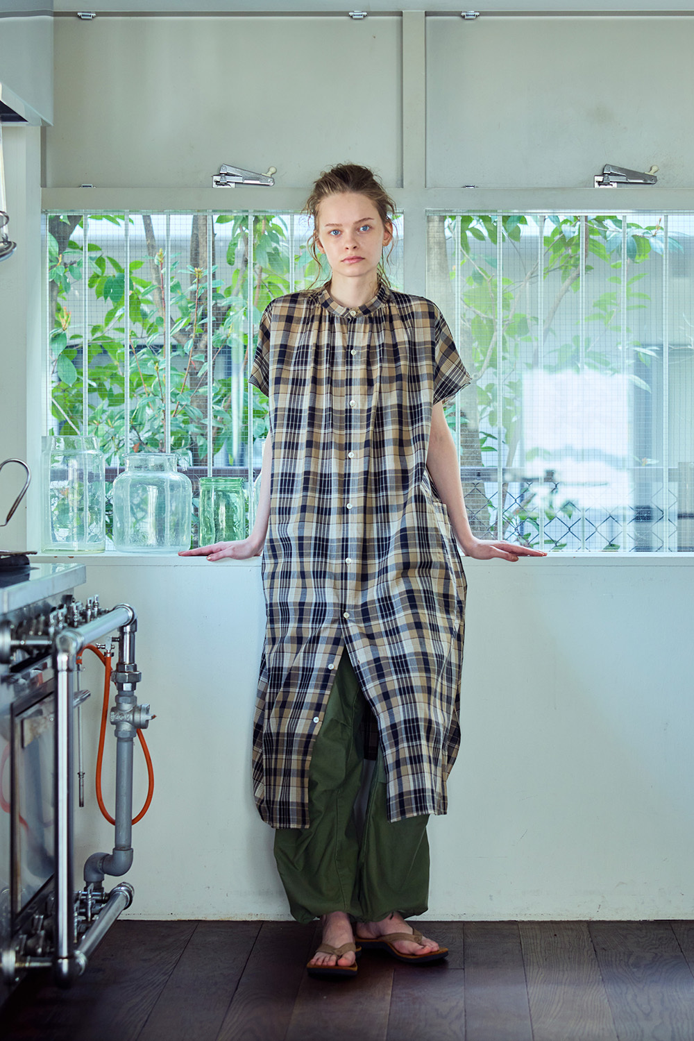 fog linen work - Claire洋裝 褐黃底黑線蘇格蘭格紋