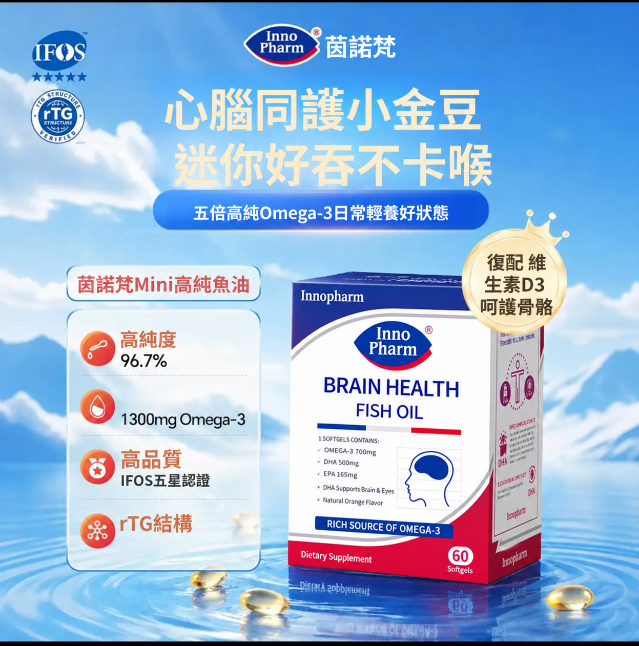 Innopharm - 95%腦健康魚油 (60粒)【正品】改版小金豆 Belgium 比利時 Innopharm 三文魚、鯖魚、鯡魚，提煉95.45%高濃度Omega-3 【法國Innopharm】