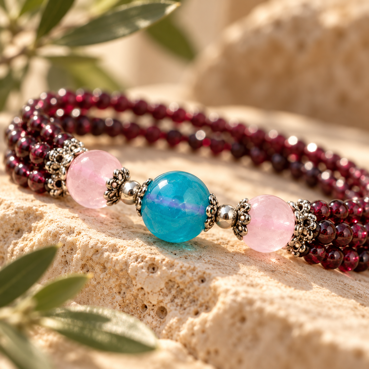 Amazonite, Rose Quartz & Pyrope Garnet Energy Bracelet