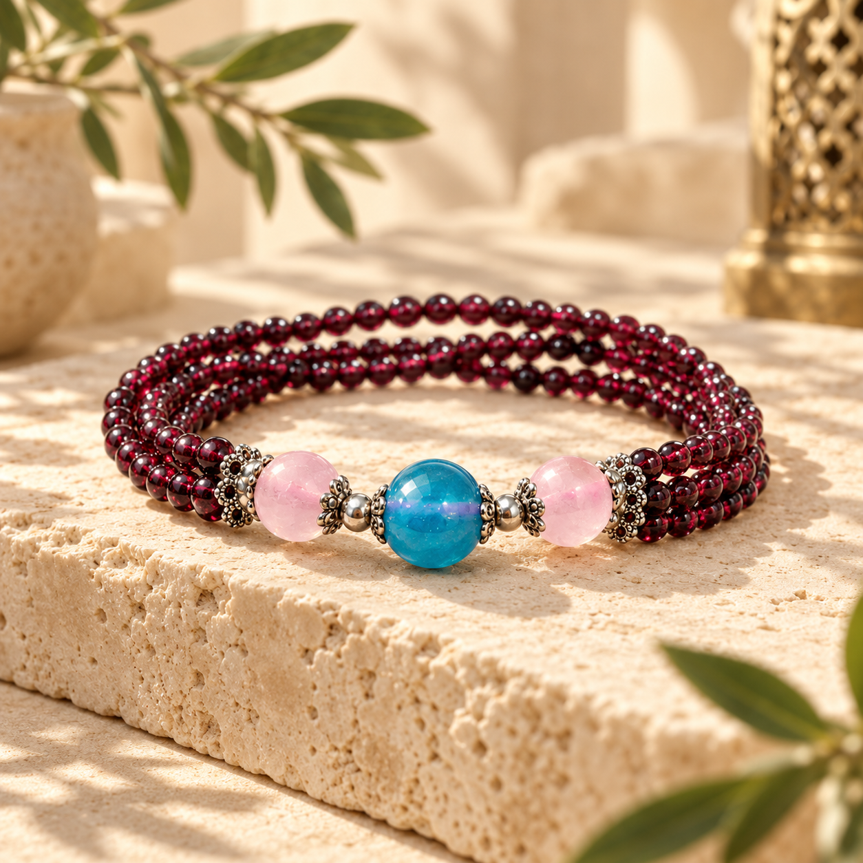 Amazonite, Rose Quartz & Pyrope Garnet Energy Bracelet