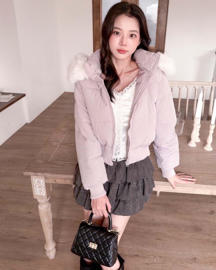 LINA LINA療癒冬季蓬鬆毛領拉鍊羽絨棉外套-淡粉紫
