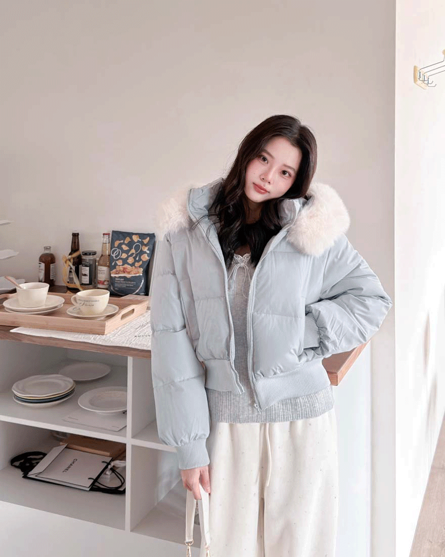 LINA LINA療癒冬季蓬鬆毛領拉鍊羽絨棉外套-冰晶藍