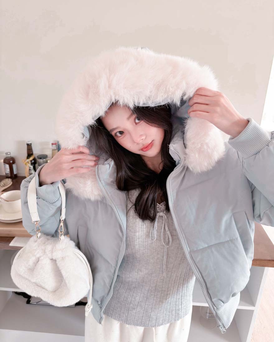 LINA LINA療癒冬季蓬鬆毛領拉鍊羽絨棉外套-冰晶藍