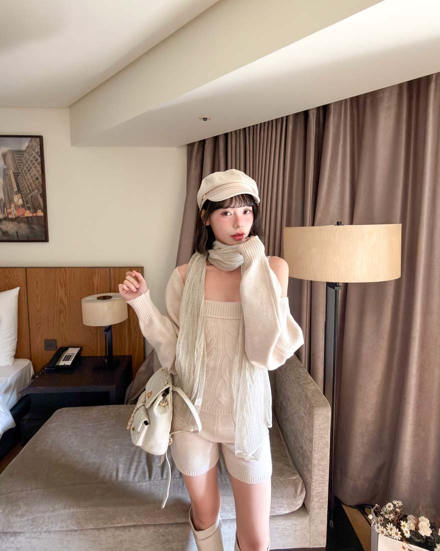 LINA LINA微辣冬語麻花背心外套短褲三件組-高雅杏