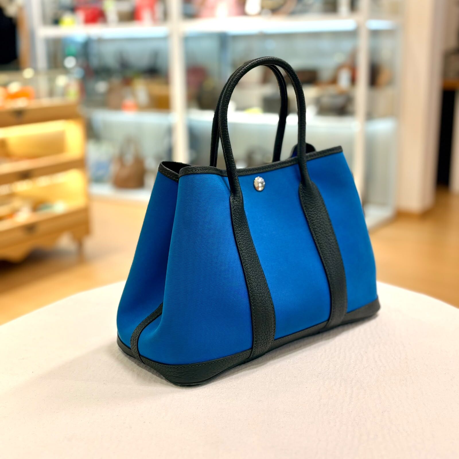 98%NEW USED HERMES GP30, Leder Blue, 萊德藍帆布,拼灰綠色銀扣, Garden Party, #香榭站正品