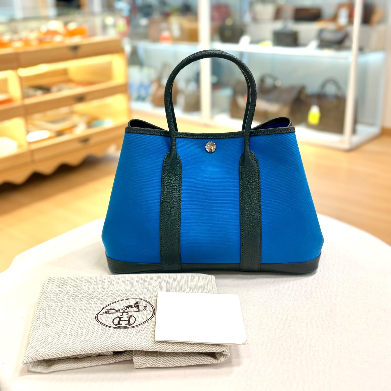 98%NEW USED HERMES GP30, Leder Blue, 萊德藍帆布,拼灰綠色銀扣, Garden Party, #香榭站正品