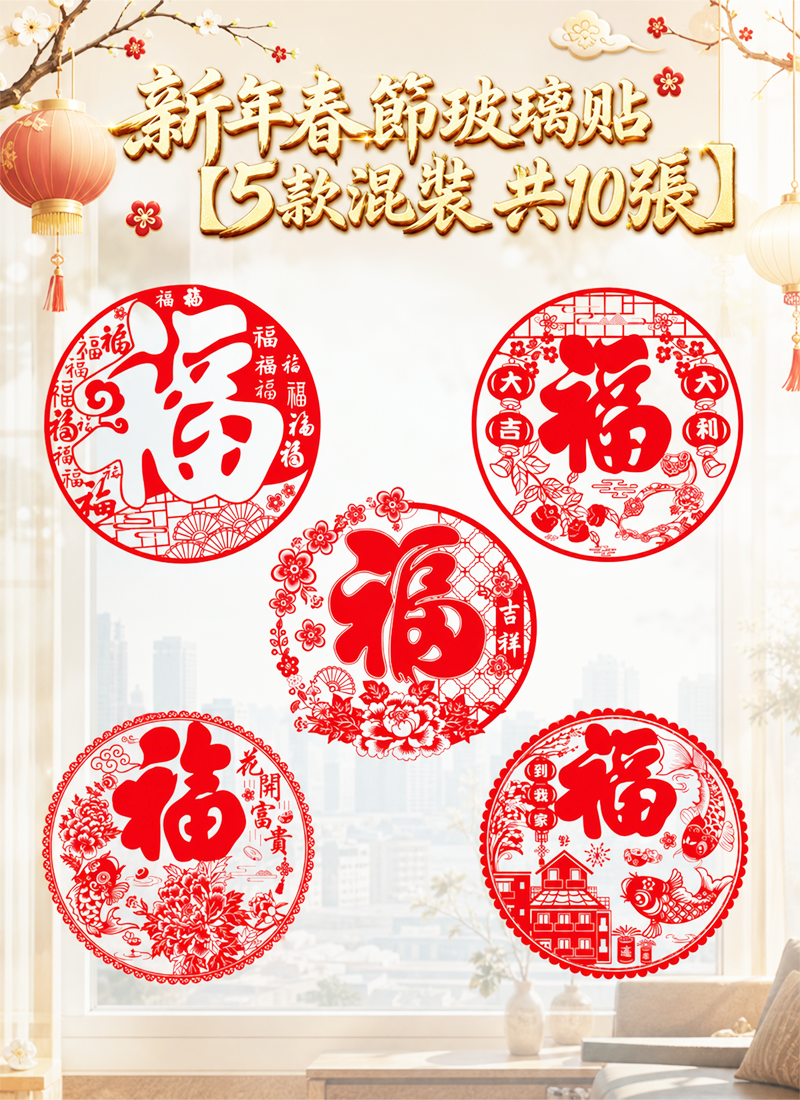 新年春節玻璃貼【5款混裝 共10張】 HN2703
