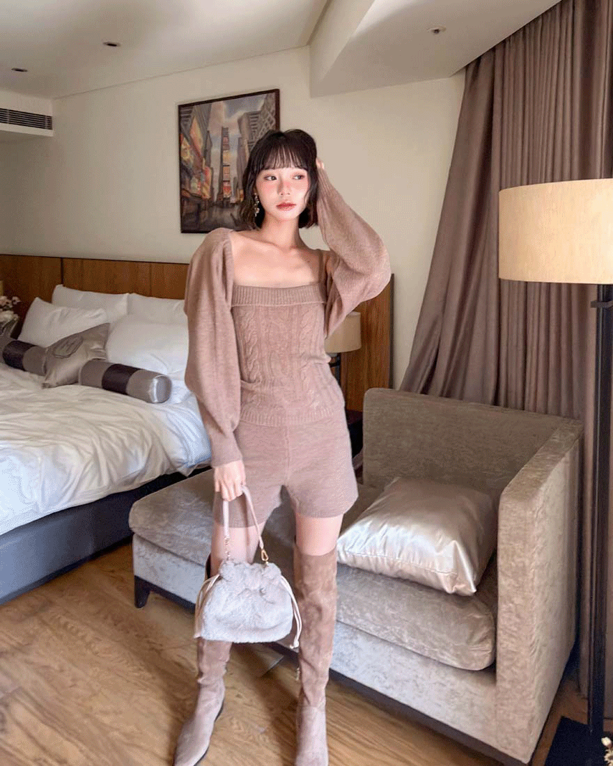 LINA LINA微辣冬語麻花背心外套短褲三件組-可可咖