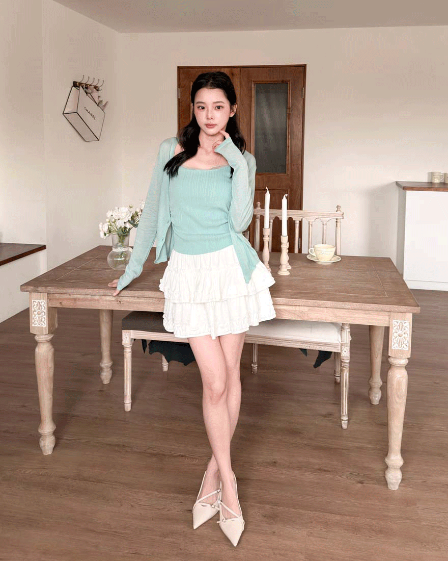 LINA LINA漂亮悸動坑條網紗背心外套兩件組-薄荷綠