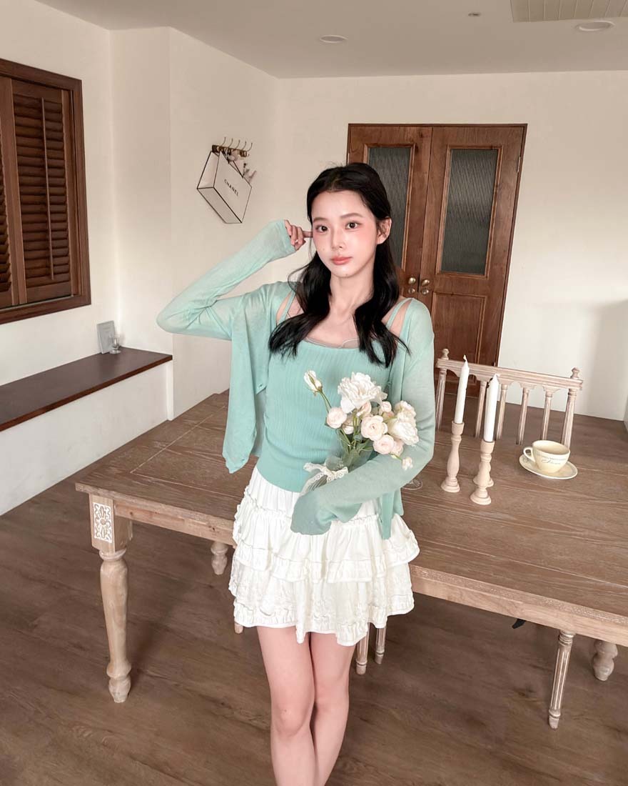 LINA LINA漂亮悸動坑條網紗背心外套兩件組-薄荷綠