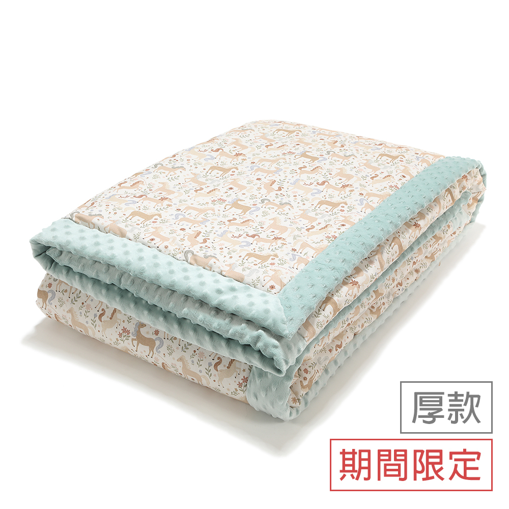 La Millou波蘭 暖膚豆豆毯大人款(140x220cm)｜九天朵朵馬(藍底)｜煙燻香草綠