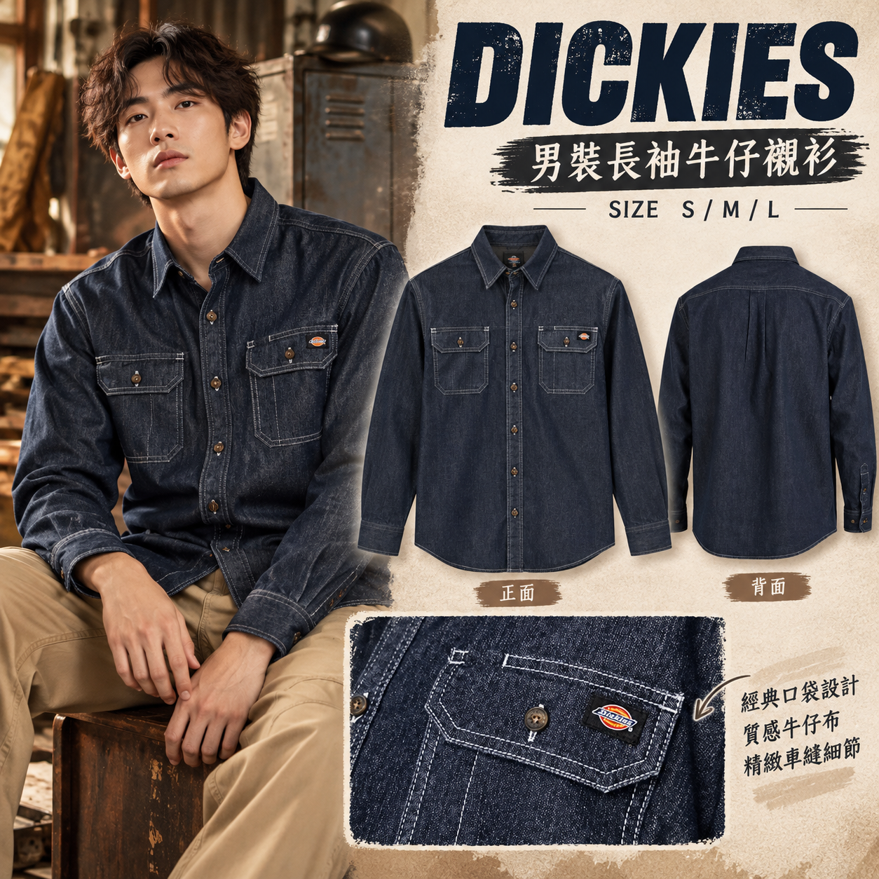 【預購】DICKIES N101324 男裝長袖牛仔襯衫
