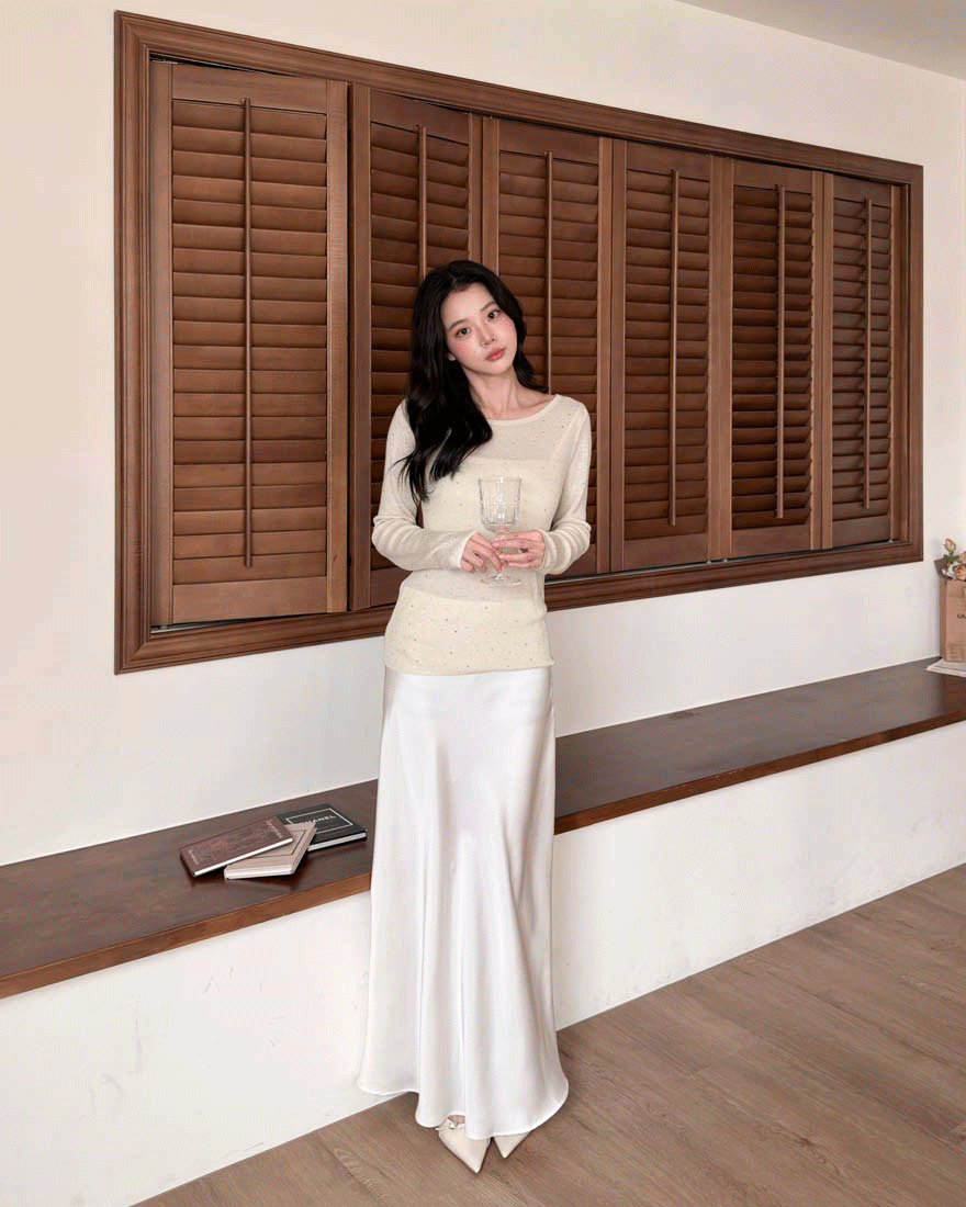 LINA LINA輕奢雅緻滿版燙鑽純色針織上衣-柔美杏