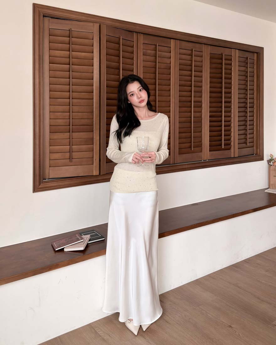 LINA LINA輕奢雅緻滿版燙鑽純色針織上衣-柔美杏