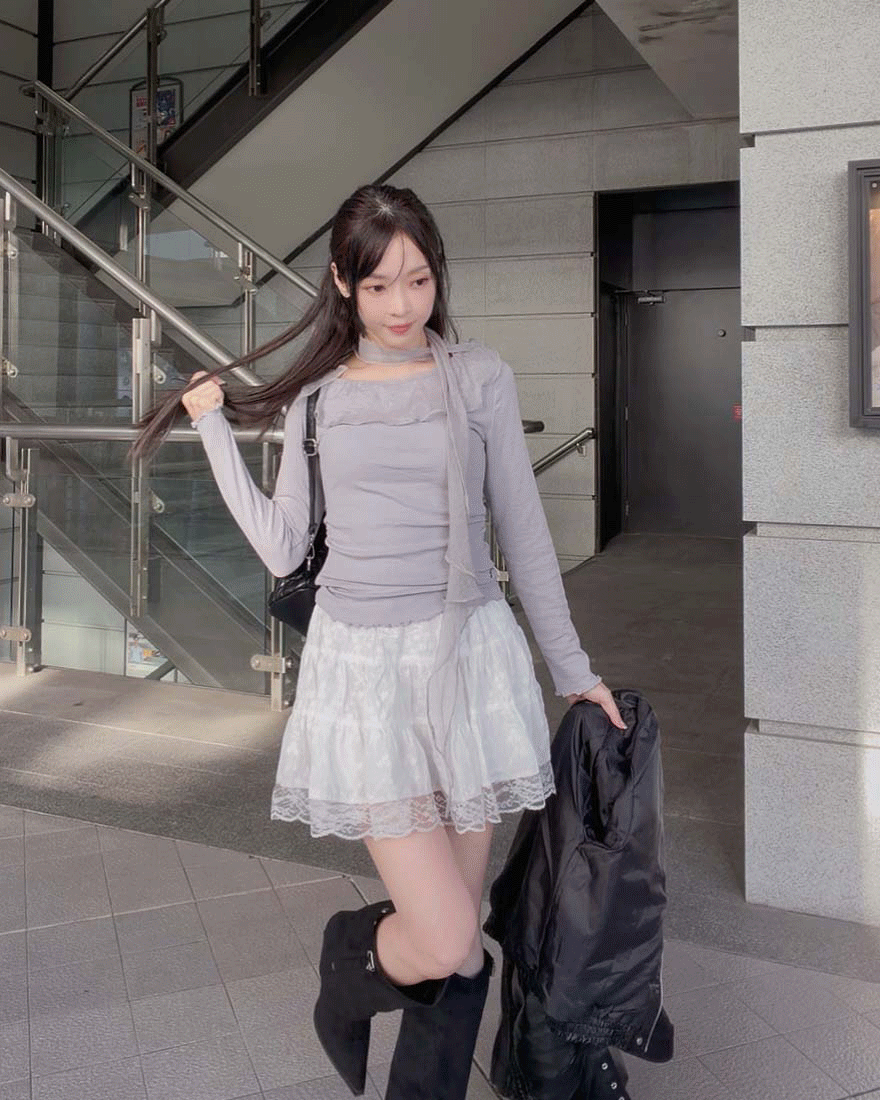 LINA LINA甜氛好感蕾絲滾邊蝴蝶結刺繡褲裙-純潔白