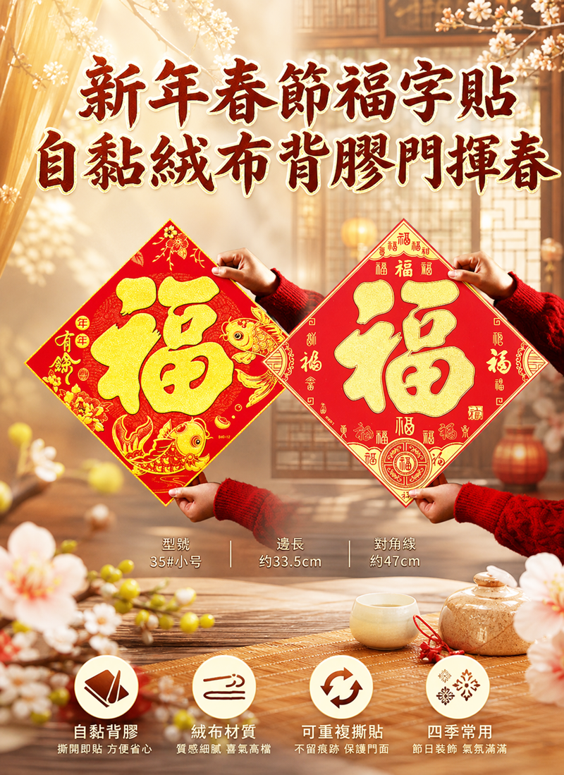 新年春節福字貼自黏絨布背膠門揮春 HN2704